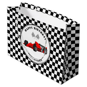 Sacola Para Presentes Grande Carro Race Vermelho e Negro Verificado Aniversári