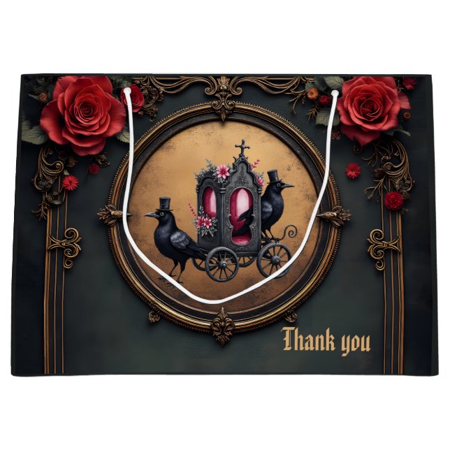 Sacola Para Presentes Grande Carruagem gótica com Ravens e Rosas. (Frente)