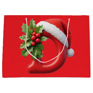 Sacola Para Presentes Grande Carta D de Natal decorada com chapéu de Papai Noel