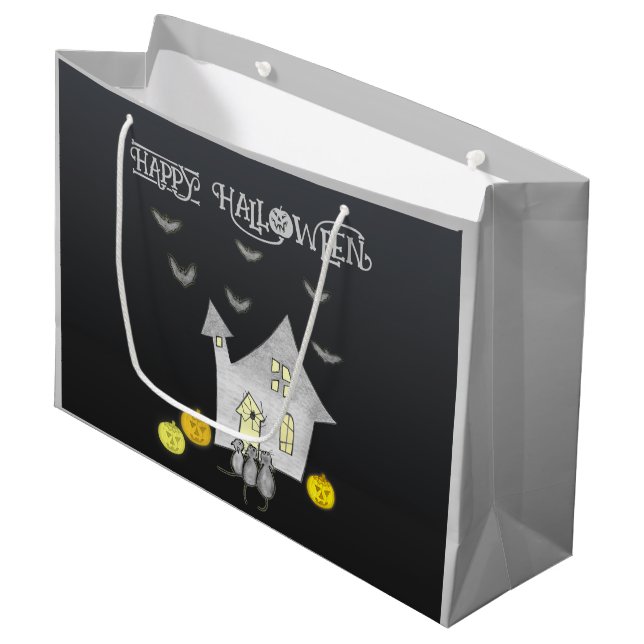 Sacola Para Presentes Grande Casa De Halloween, Gatos Pretos, Morcegos (Frente inclinada)