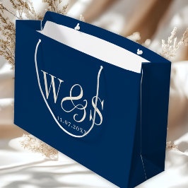 Sacola Para Presentes Grande Casais de noivos iniciais azul navy elegantes
