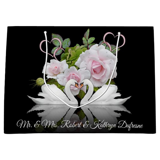 Sacola Para Presentes Grande Casamento/Aniversário Personalizado De Cisnes (Frente)