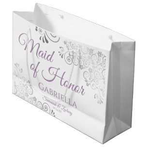 Sacola Para Presentes Grande Casamento Branco de Lavanda e rendas prateadas