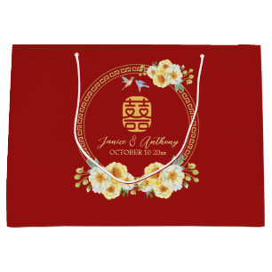 Sacola Para Presentes Grande Casamento chinês de pássaro floral vermelho