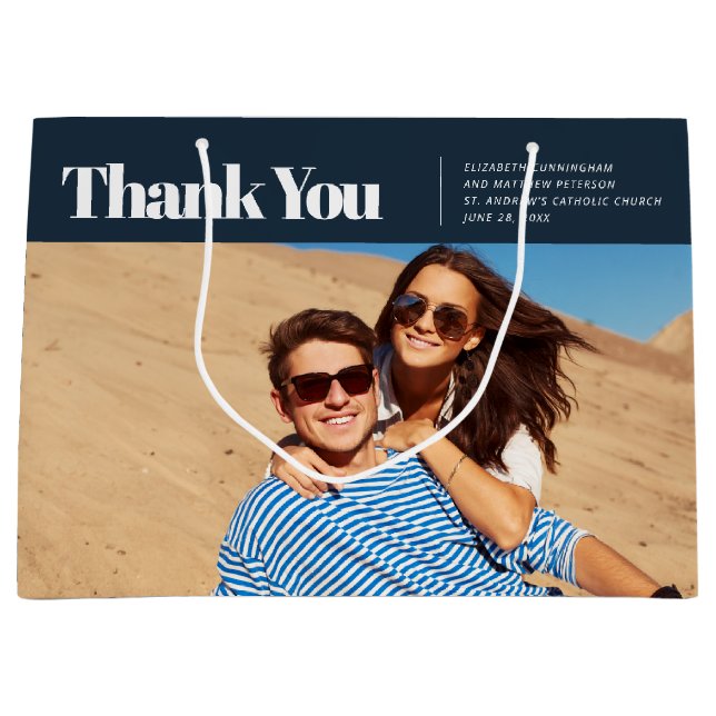 Sacola Para Presentes Grande Casamento de Fotos Moderno e Simples Obrigado (Frente)