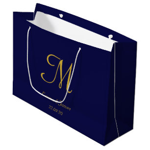 Sacola Para Presentes Grande Casamento de Nome do Monograma Azul e Dourado do M