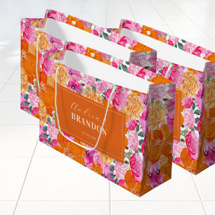 Sacola Para Presentes Grande Casamento de Nomes Florais de Jardim Laranja e Ros