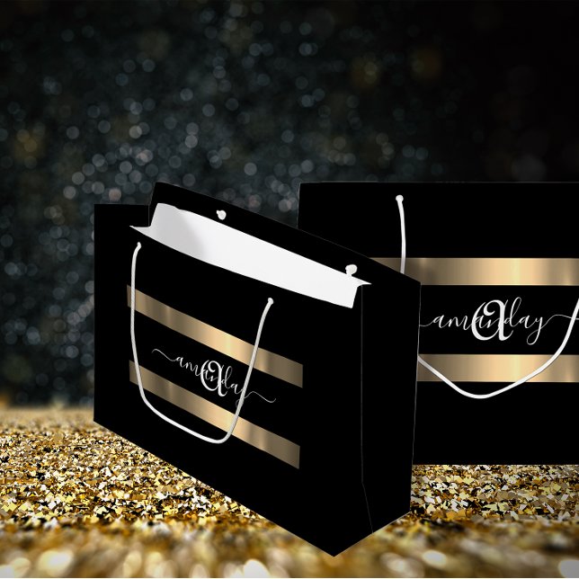Sacola Para Presentes Grande Casamento Dourado de aniversário preto branco (Monogram Name Black White Gold Birthday Wedding Large Gift Bag)
