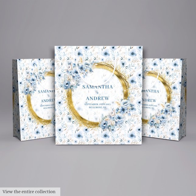 Sacola Para Presentes Grande Casamento Dourado de Boho Dusty com Aquarela Elega (Elegant Watercolor Boho Dusty Blue Gold Wedding Large Gift Bag)