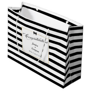 Sacola Para Presentes Grande Casamento Dourado de Frame  de Stripe Negra Elegan