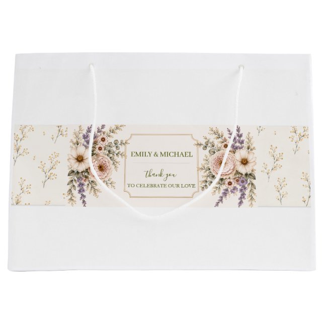 Sacola Para Presentes Grande Casamento Elegante com Flores Silvestres (Frente)