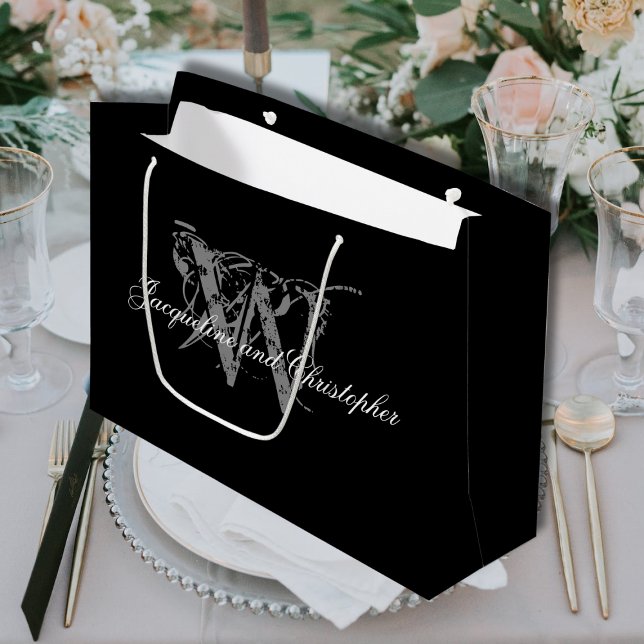 Sacola Para Presentes Grande Casamento elegante, Monograma, Nomes, Preto e Bran (For an Elegant Wedding - Personalized Monogram plus Names, Black, White & Gray Large Gift bag.)