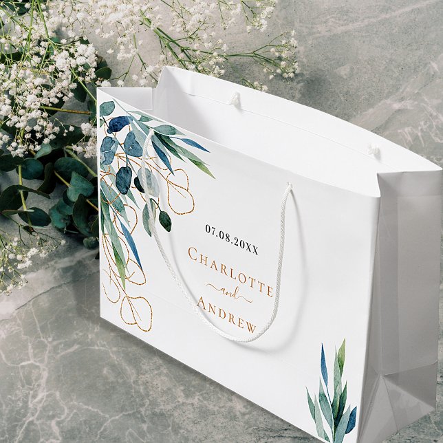 Sacola Para Presentes Grande Casamento Eucalyptus com monograma de ouro verde (Criador carregado)