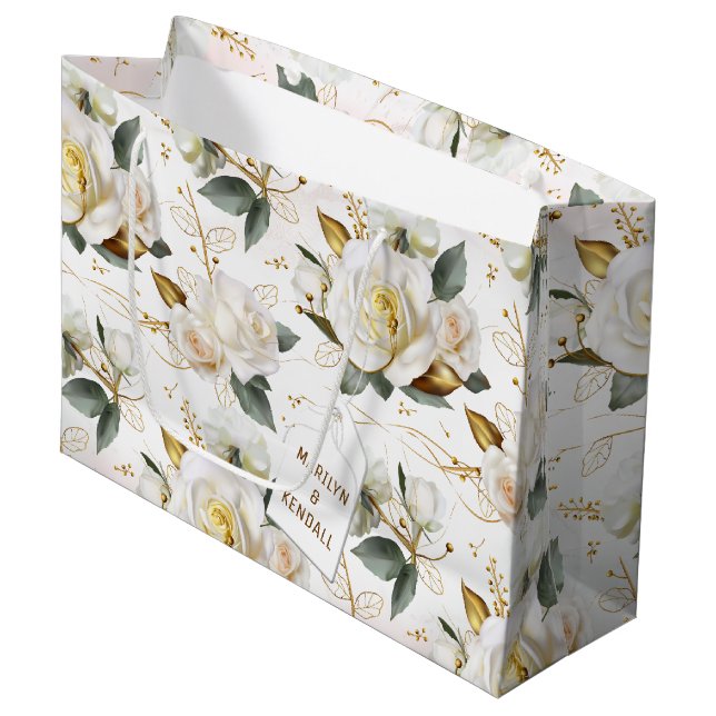 Sacola Para Presentes Grande Casamento Floral Romântico Dourado com Rosa Branca (Frente inclinada)