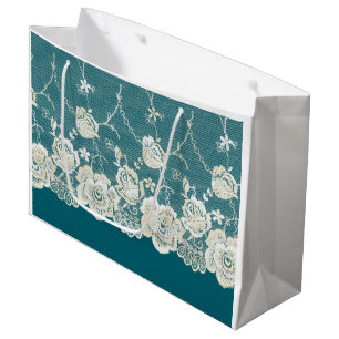Sacola Para Presentes Grande Casamento Floral Romântico Verde Azul Lace Branco