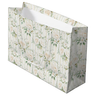 Sacola Para Presentes Grande Casamento Listras Florais Rosas Brancas Românticas