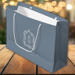 Sacola Para Presentes Grande Casamento Monograma Crest Azul Empoeirado