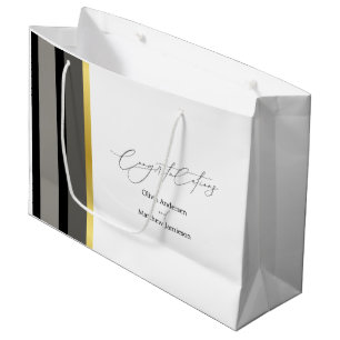 Sacola Para Presentes Grande Casamento Preto Cinza Ouro Listra Parabéns