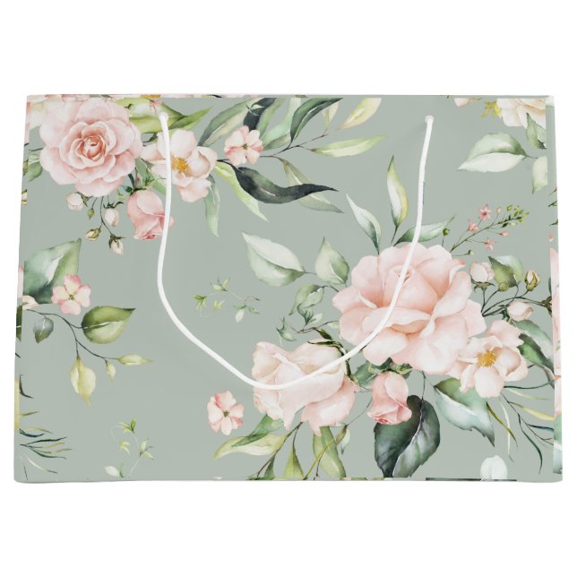 Sacola Para Presentes Grande Casamento Verde Eucalyptus Sage - Esmagamento Rosa (Frente)