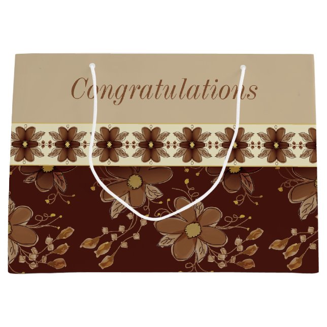 Sacola Para Presentes Grande Castanho E Dourado Floral (Frente)