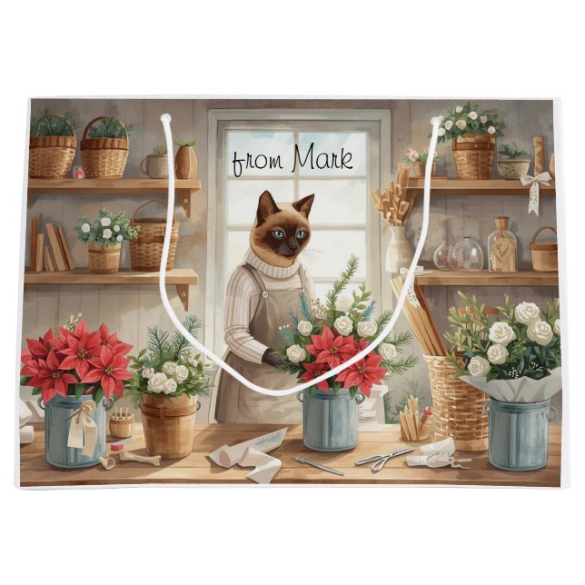 Sacola Para Presentes Grande Cat arranging Winter Flowers for Christmas  (Frente)