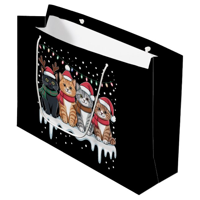 Sacola Para Presentes Grande Cat Christmas Light Reindeer Santa Cat Lover (Frente inclinada)
