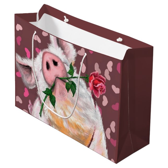 Sacola Para Presentes Grande Cavalheiro engraçado Porco com Rosa Gift Bag (Frente inclinada)