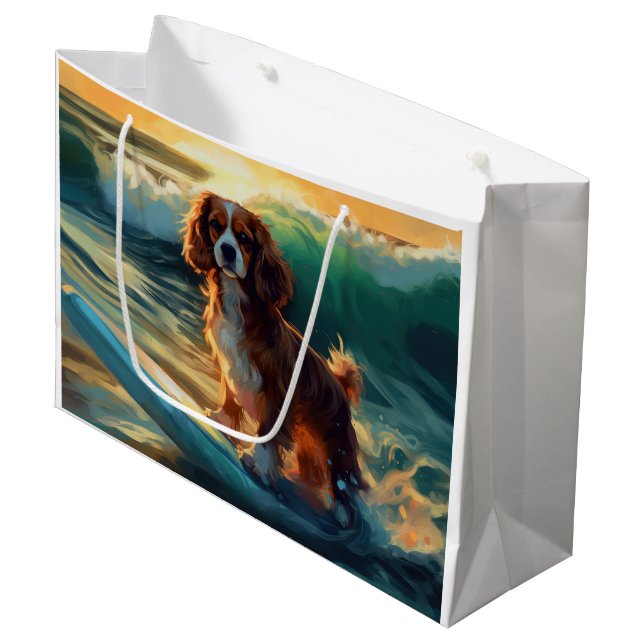 Sacola Para Presentes Grande Cavalier King Beach Surfing Painting (Frente inclinada)