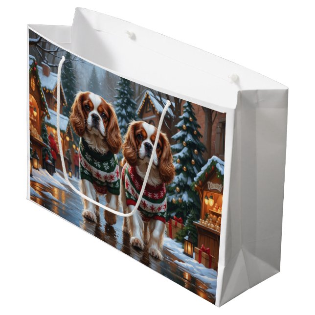 Sacola Para Presentes Grande Cavalier King Charles Spaniel Dogs Christmas Snow  (Frente inclinada)