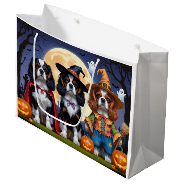 Sacola Para Presentes Grande Cavalier King Charles Spaniel Pumpkin Halloween (Frente inclinada)