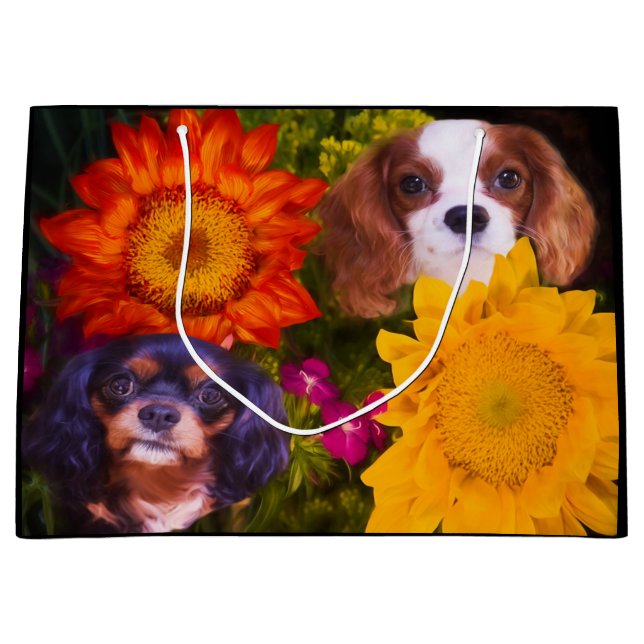 Sacola Para Presentes Grande Cavalier King Charles Spaniel Sunflower (Frente)