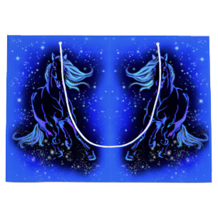 Sacola Para Presentes Grande Cavalo Azul Neon Correndo À Lua À Noite Estrelad