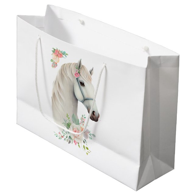 Sacola Para Presentes Grande Cavalo Branco Elegante Boho Floral (Frente inclinada)