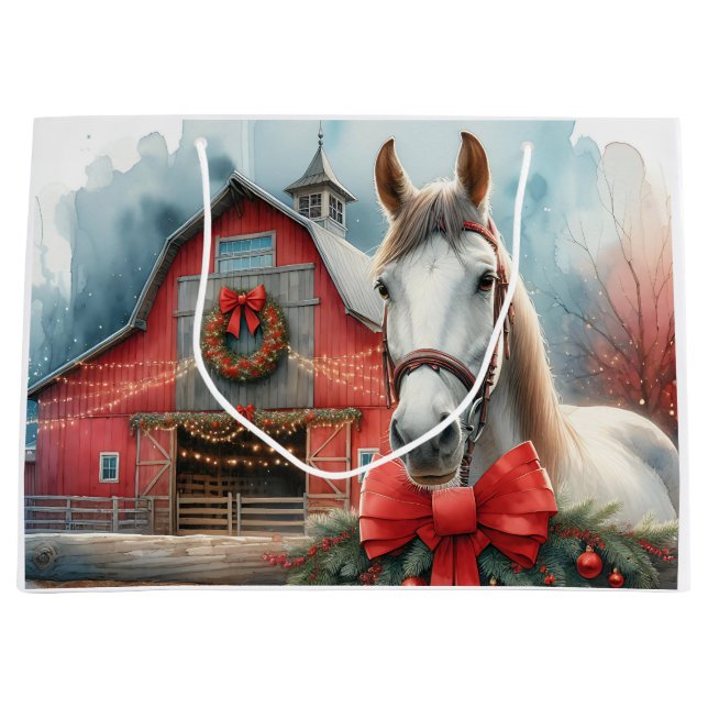 Sacola Para Presentes Grande Cavalo Branco Fazenda Festiva Natal Personalizado (Frente)