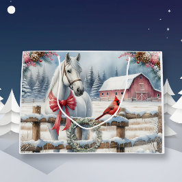Sacola Para Presentes Grande Cavalo de Natal Branco e Cardeal