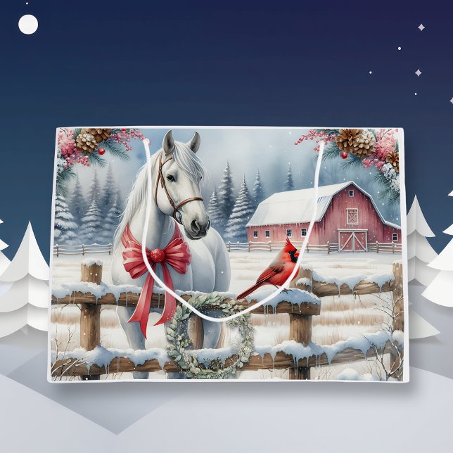Sacola Para Presentes Grande Cavalo de Natal Branco e Cardeal (Criador carregado)