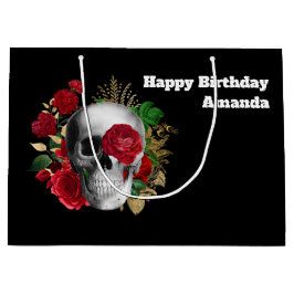 Sacola Para Presentes Grande Caveira do gótico com Flores Vermelhas e Folhas Do