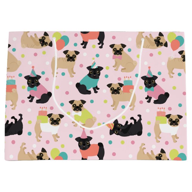 Sacola Para Presentes Grande Celebração de Festas de aniversário Pug (Frente)