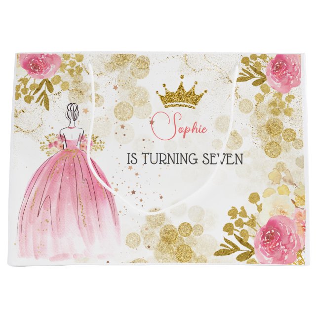 Sacola Para Presentes Grande Celebração real aniversário da princesa rosa (Frente)