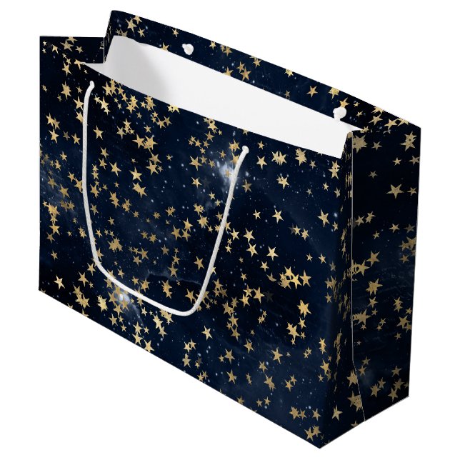Sacola Para Presentes Grande Celestial Golden Stars on Navy Galaxy Background (Frente inclinada)