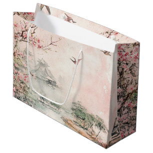Sacola Para Presentes Grande Cena de Flor de Cerejeira Rosa Serenidade Paisagem