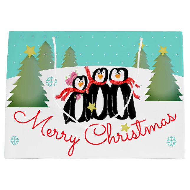 Sacola Para Presentes Grande Cena do inverno Teal (Frente)