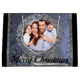 Sacola Para Presentes Grande Cercado por Feriado de Natal com Foto de Neve