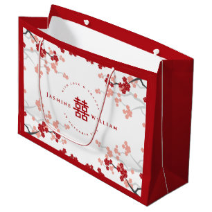 Sacola Para Presentes Grande Cereja Blossoms e Felicidade Dupla Casamento Chinê