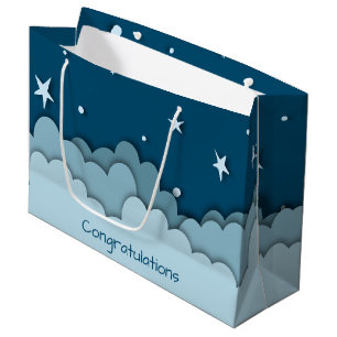 Sacola Para Presentes Grande Céu Azul com Estrelas e Parabéns de Nuvens