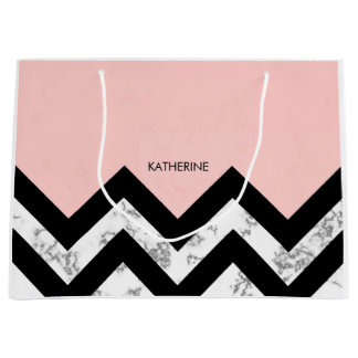 Sacola Para Presentes Grande Cevrons Pretos Brancos e Rosa