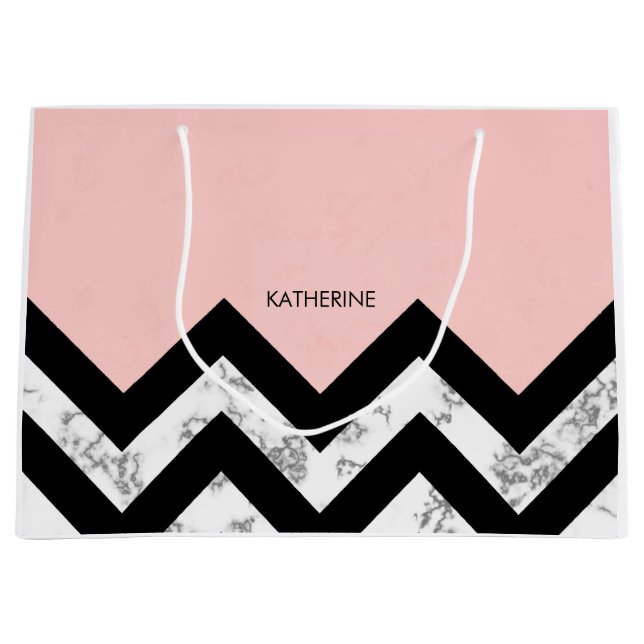 Sacola Para Presentes Grande Cevrons Pretos Brancos e Rosa (Frente)