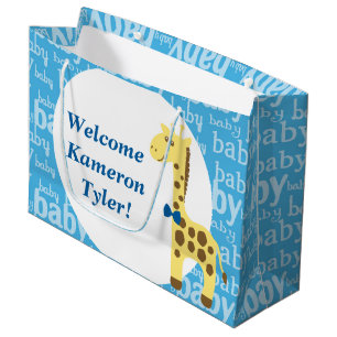 Sacola Para Presentes Grande Chá de Bebê do Giraffe com Laço Azul para Menino