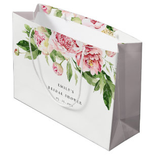 Sacola Para Presentes Grande Chá de Bebê Floral Rosa Elegante Peônia Verde