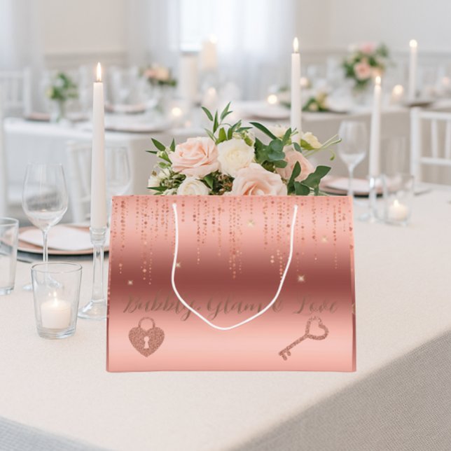 Sacola Para Presentes Grande Chá de Bebê Rosa Dourado com Confetes (Bubbly, glam & love — the perfect rose gold sparkle bag for luxe bridal shower gifting)
